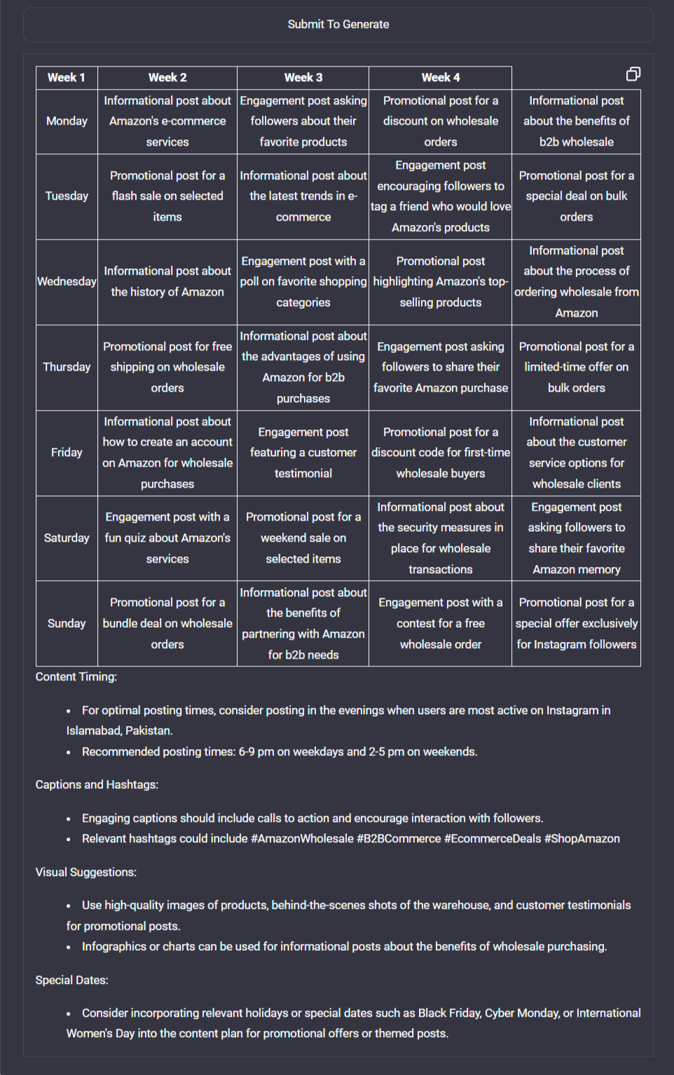 Social media content calendar generator